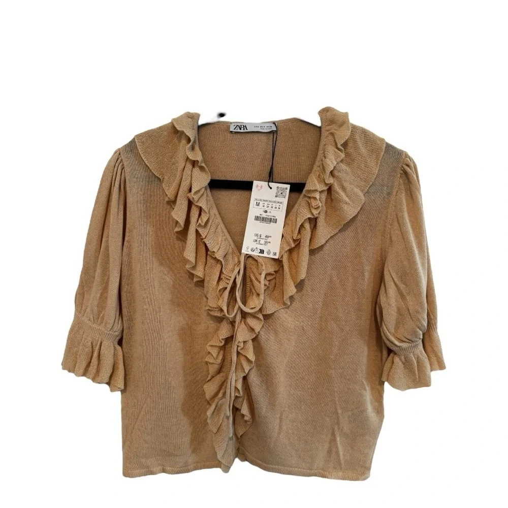 Zara Ruffle Knit Blouse size M NWT Beige Puff Sleeve Romantic Cottagecore - Picture 5 of 6